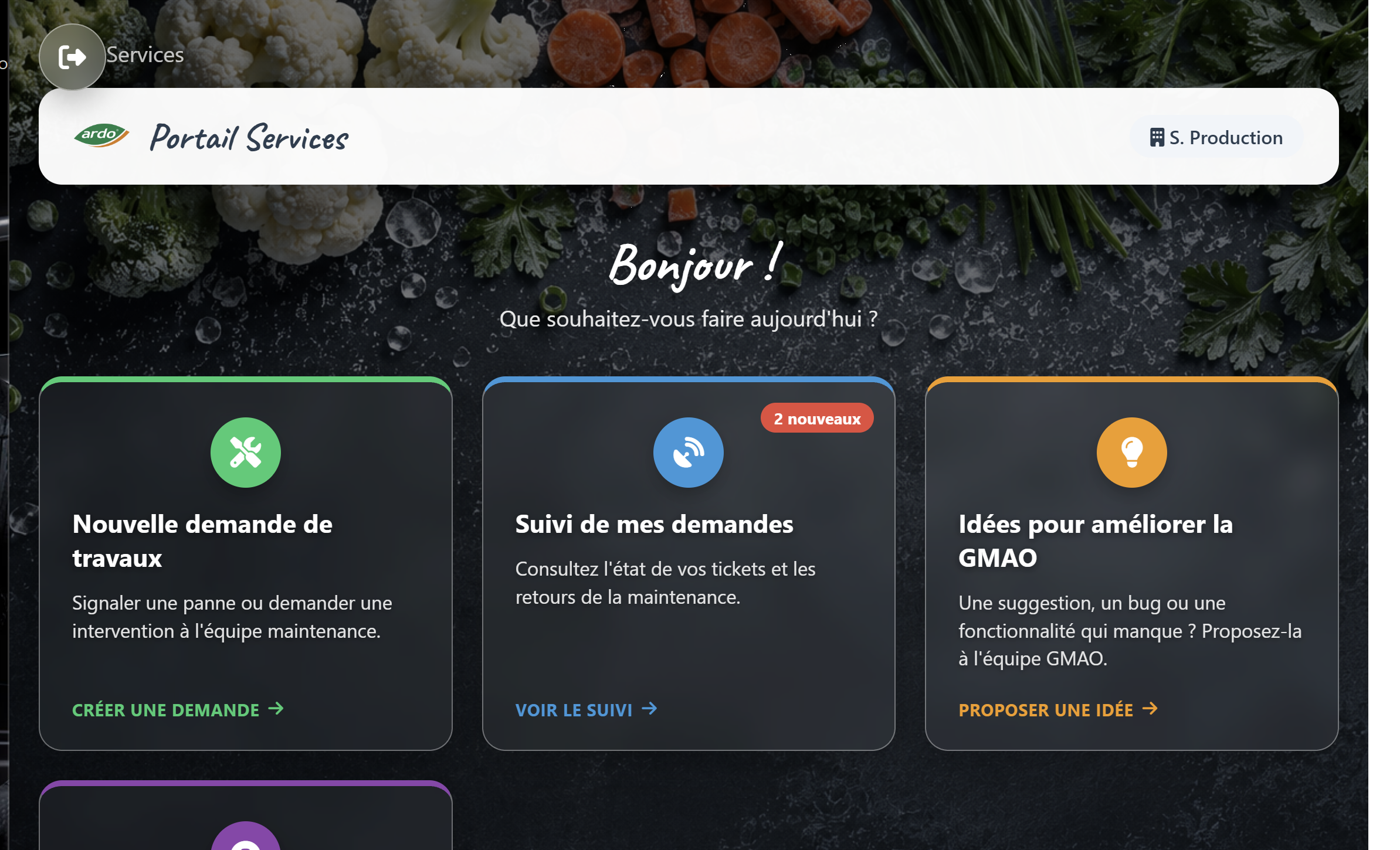 Page d'accueil du Portail Services avec ses 4 tuiles