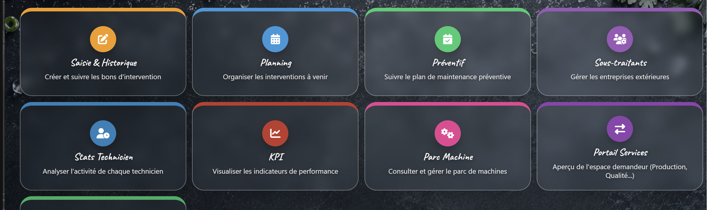 Page d'accueil GMAO avec les tuiles de navigation, vue administrateur