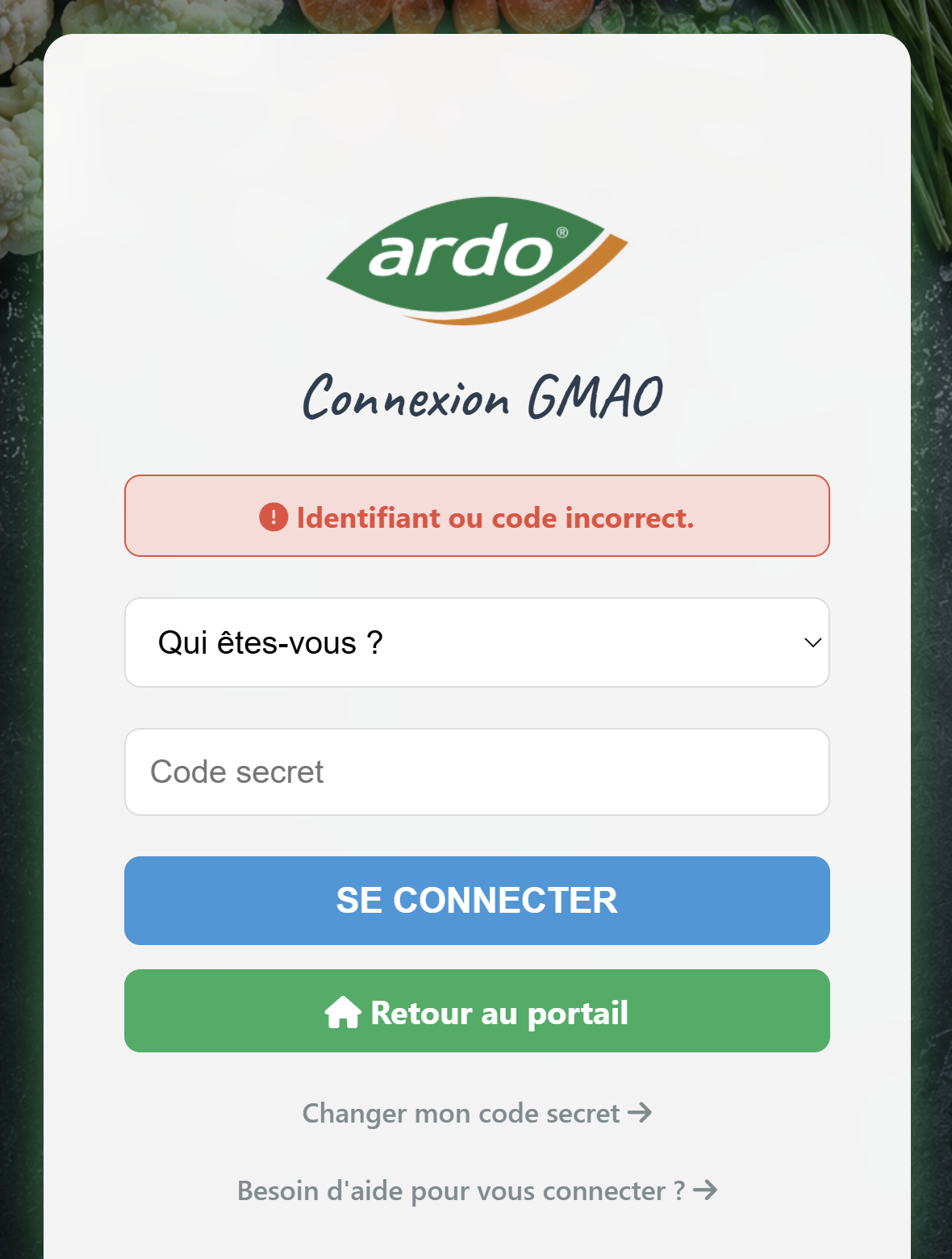 Message d'erreur : identifiant ou code incorrect