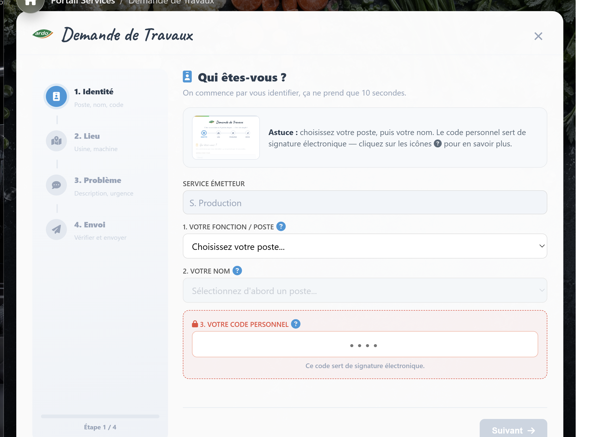 Étape 1 du formulaire de demande : identité et code personnel