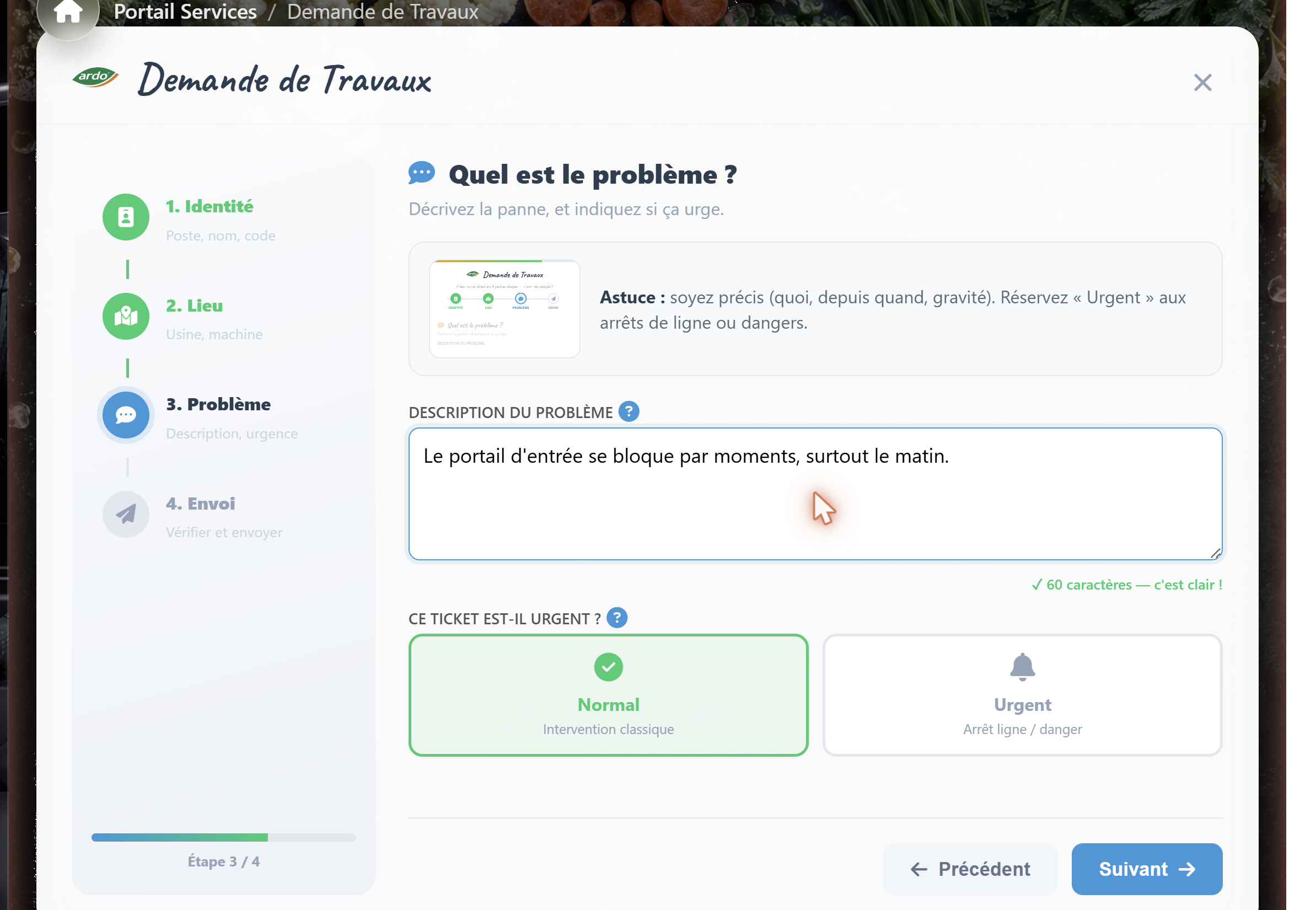 Étape 3 : description du problème et urgence